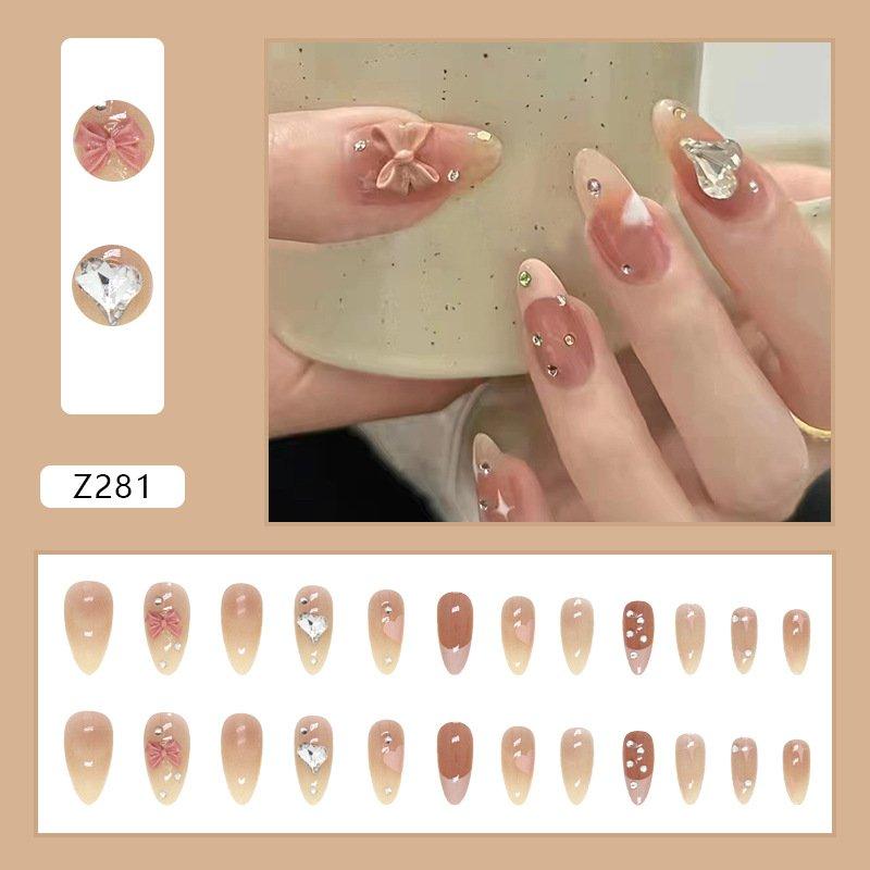   Z281  Bộ Nailbox CHOCO - 24 M.óng Giả Form Nhọn NGẮN Đính Đá Cho Nữ Tặng Kèm 4 Phụ Kiện Women nail  box giare 