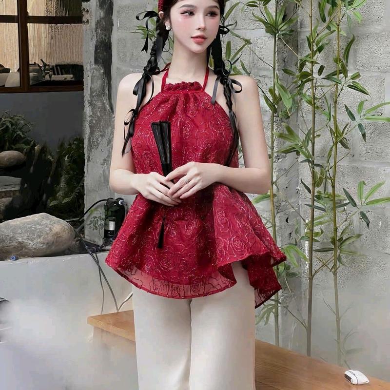 Top Nhung Đỏ - Sét Bộ Đồ Thiết Kế Áo Yếm Nữ Chất Voan Lưới Gấm Thêu Nổi 2 Lớp Xòe To Phối Quần Dài Tuyết Mhung Ống Suông Rộng Mặc Dịp Tết Lễ Chùa Dạo Phố Chụp Ảnh Thật Xinh Women