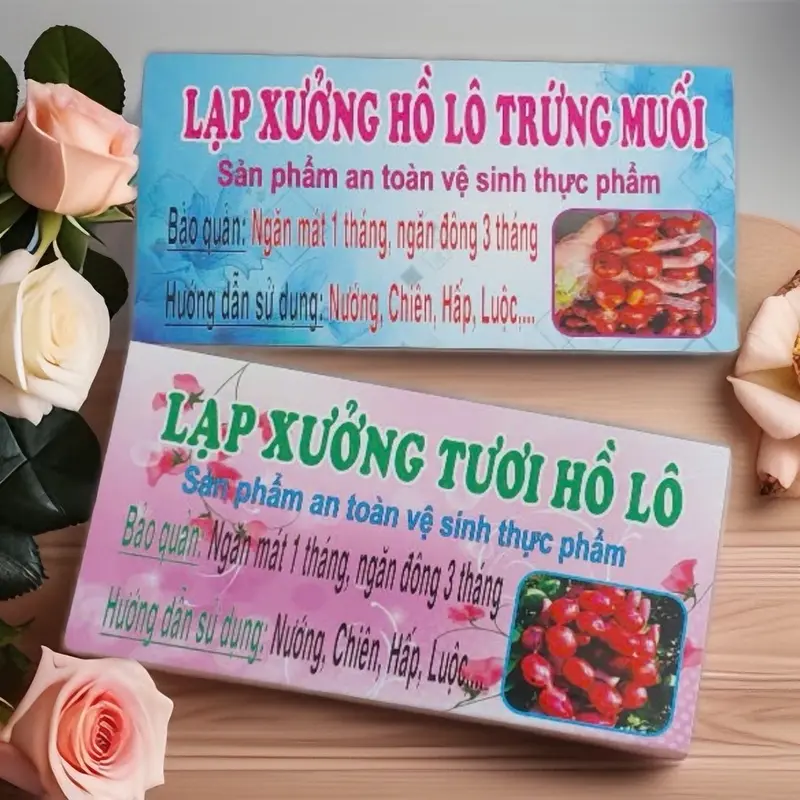 Tem có in chữ Lạp xưởng tươi hồ lo nạt + trứng muối 1kg 2