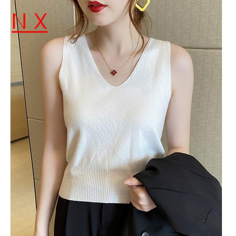 Áo Thun Không Tay Mỏng Cho Nữ, Áo Mùa Hè, Lụa Băng, Cổ Chữ V, Phong Cách Hàn Quốc áo hai dây nữ Top 6