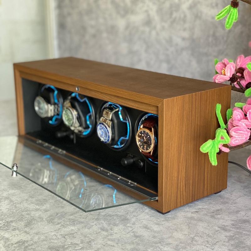 [TẶNG KÈM CỦ SẠC] Hộp đựng đồng hồ 4 xoay ngang bằng gỗ - có đèn led - mở nắp tự dừng - 4 chế độ xoay.
