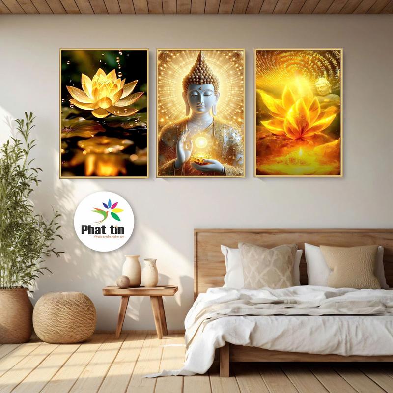 Tranh KHUNG COMPOSITE bộ 3 Tranh phật tráng gương, tranh hoa sen, tranh tráng gương laminate có tặng kèm đinh treo không cần khoan tường Treo Tường Phòng Khách Decor Tường Decor Phòng