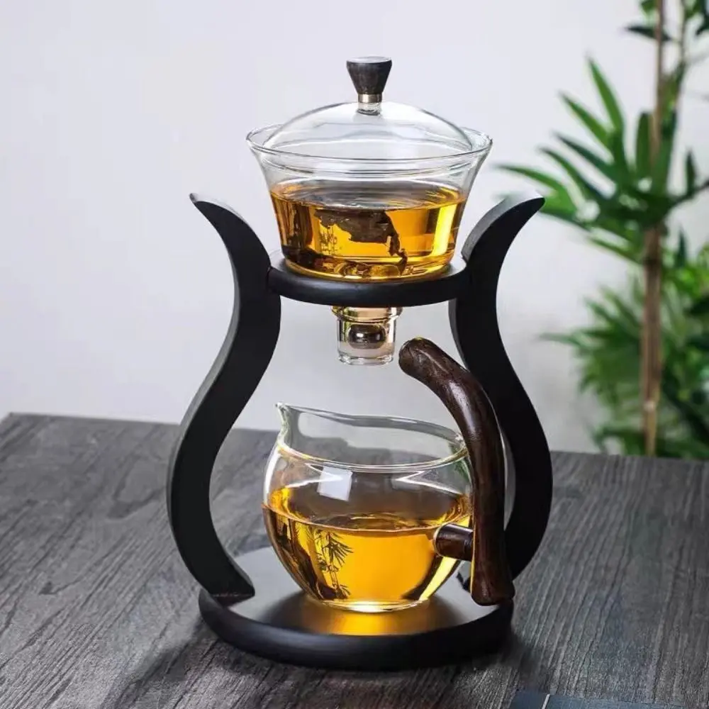 Safe Magnetic Water Diversion Lazy Kungfu Tea Set Heat-Resistant High Borosilicate Glass Semi-Automatic Teapot Set with 6pcs Tea Cups Rotating Cover Bowl Magnetic Teapot Suit Kitchen