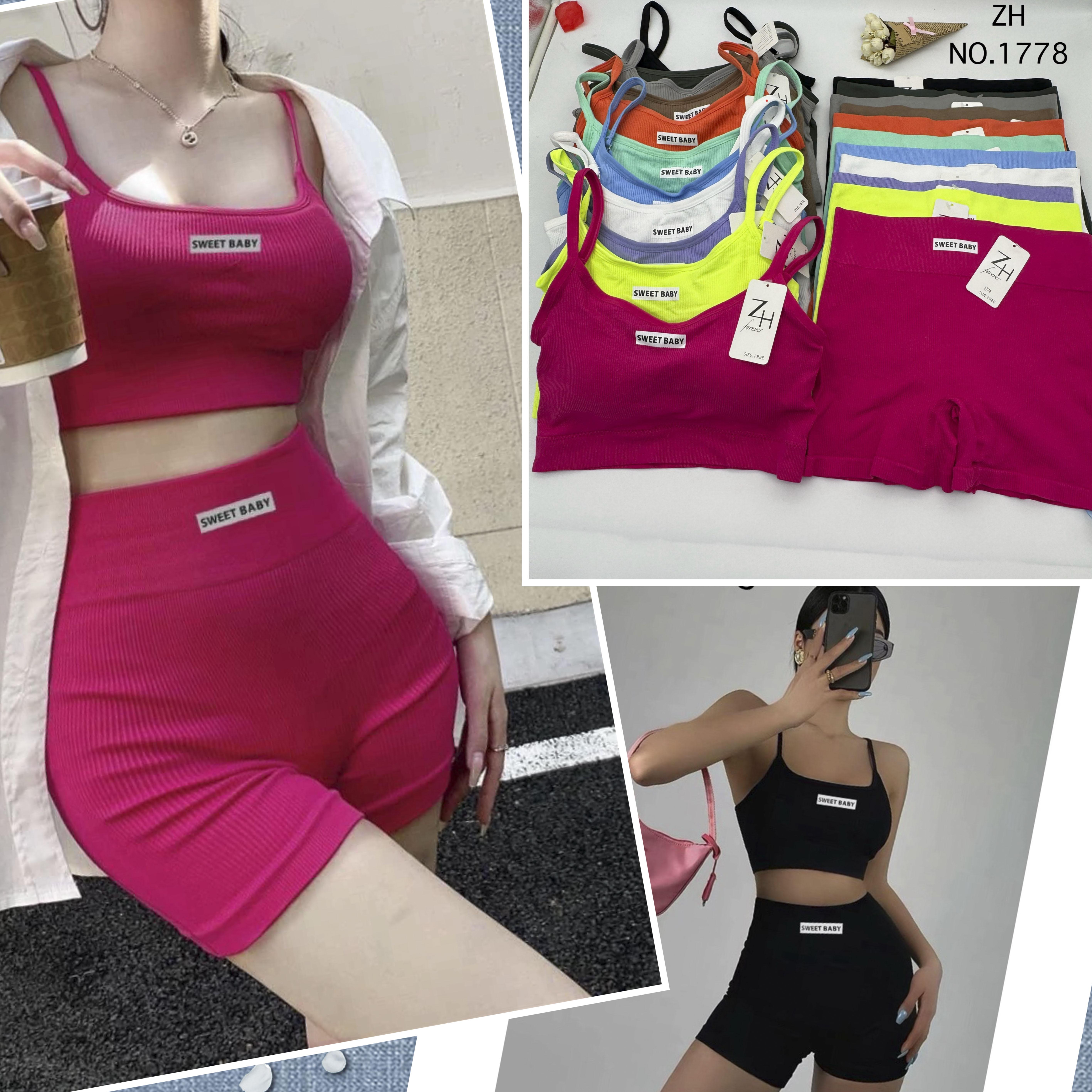 ZH.1778 ชุดเซทสปอร์ตบราsweet babyงานผ้าร่อง11สี บราสปอร์ต+กางเกงขาสั้น ชุดโยคะ ชุดออกกำลังกายผู้หญิง