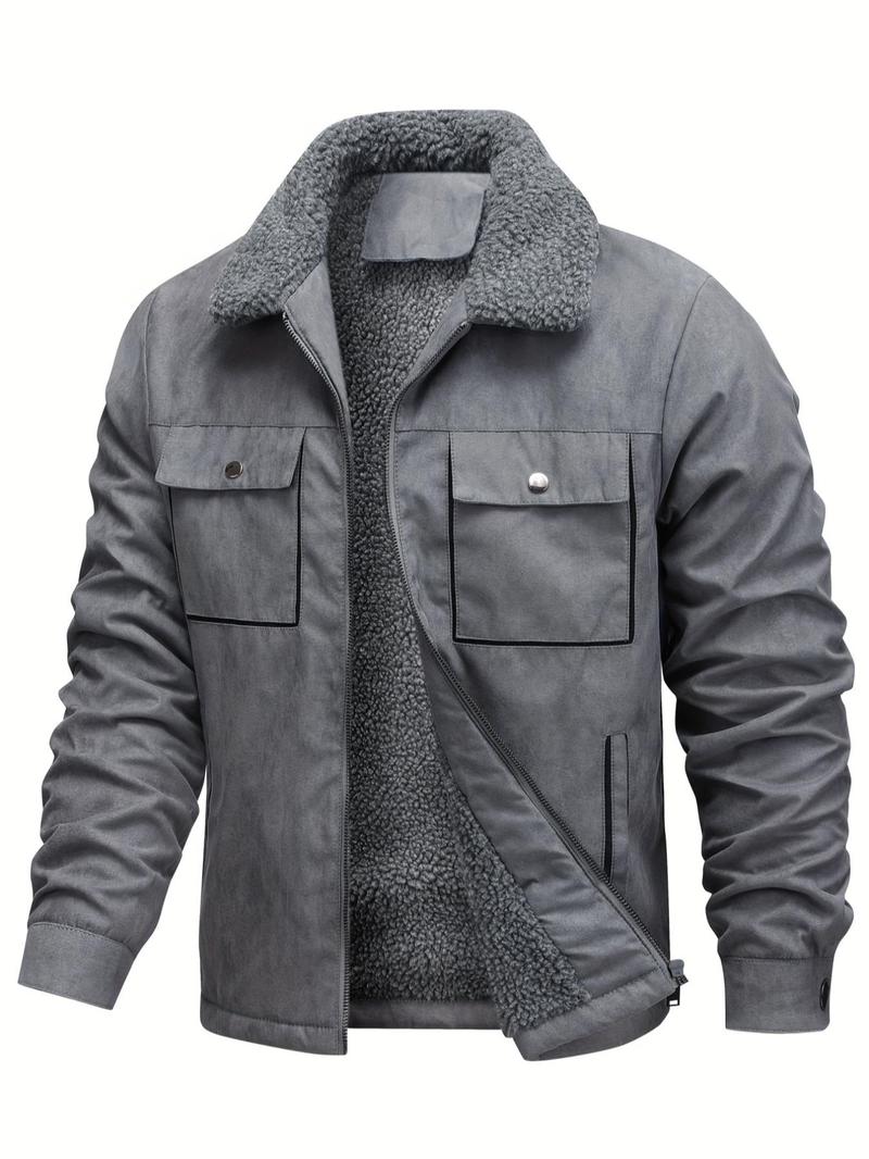 Product Introduction of Men's Regular Fit Solid Pocket Zipper Thermal Lined Jacket, Casual Long Sleeve Collared Outerwear for Fall & Winter, Men's Clothes for Daily Wear 8