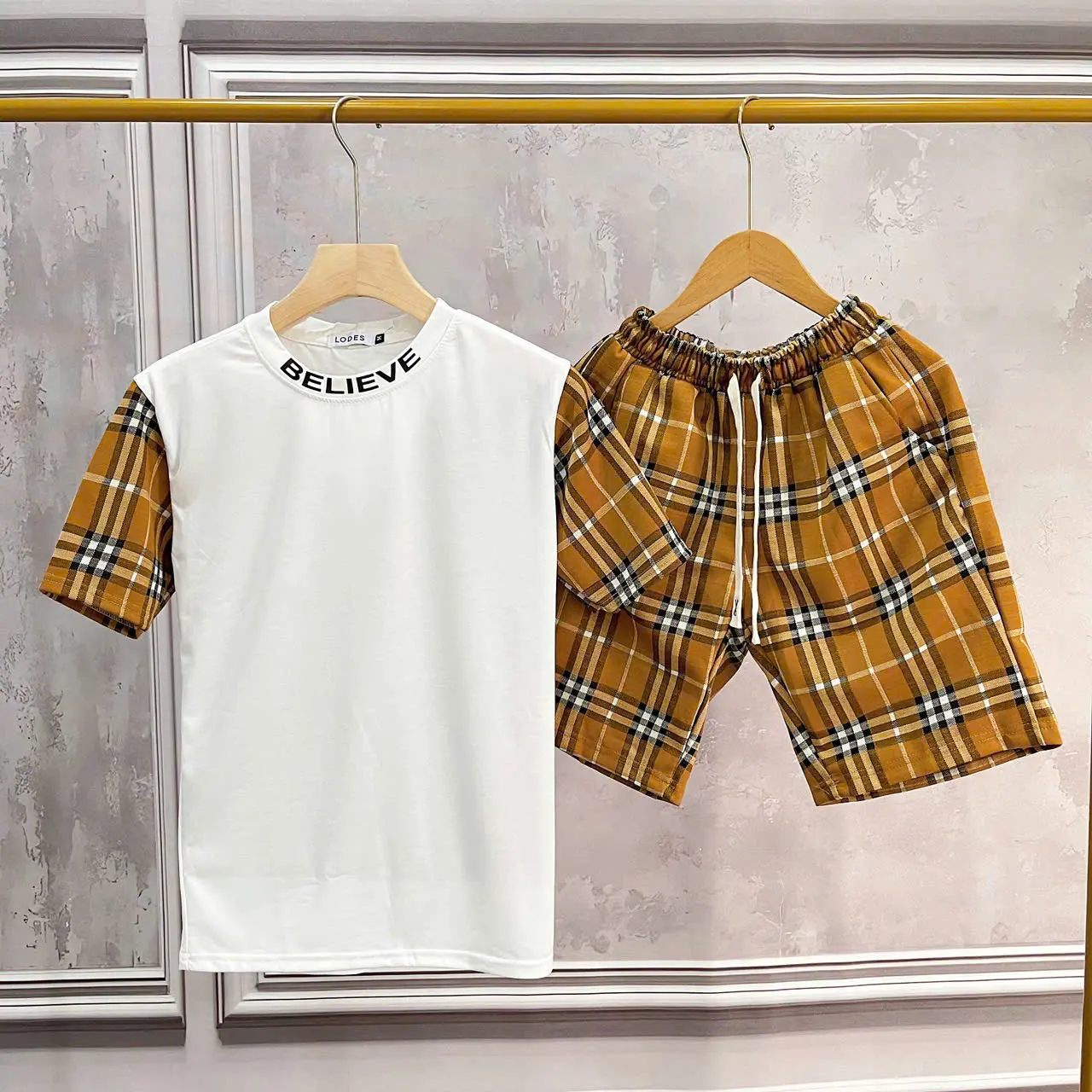 Đồ Bộ Áo Nam Cổ Tròn Ngắn Tay Phối Caro Nâu Chất Vải Cotton Dày Dặn Co Giãn Nhẹ X 4 Màu Chuẩn Form Nam Dễ Phối Đồ Menswear [CLOTHES]