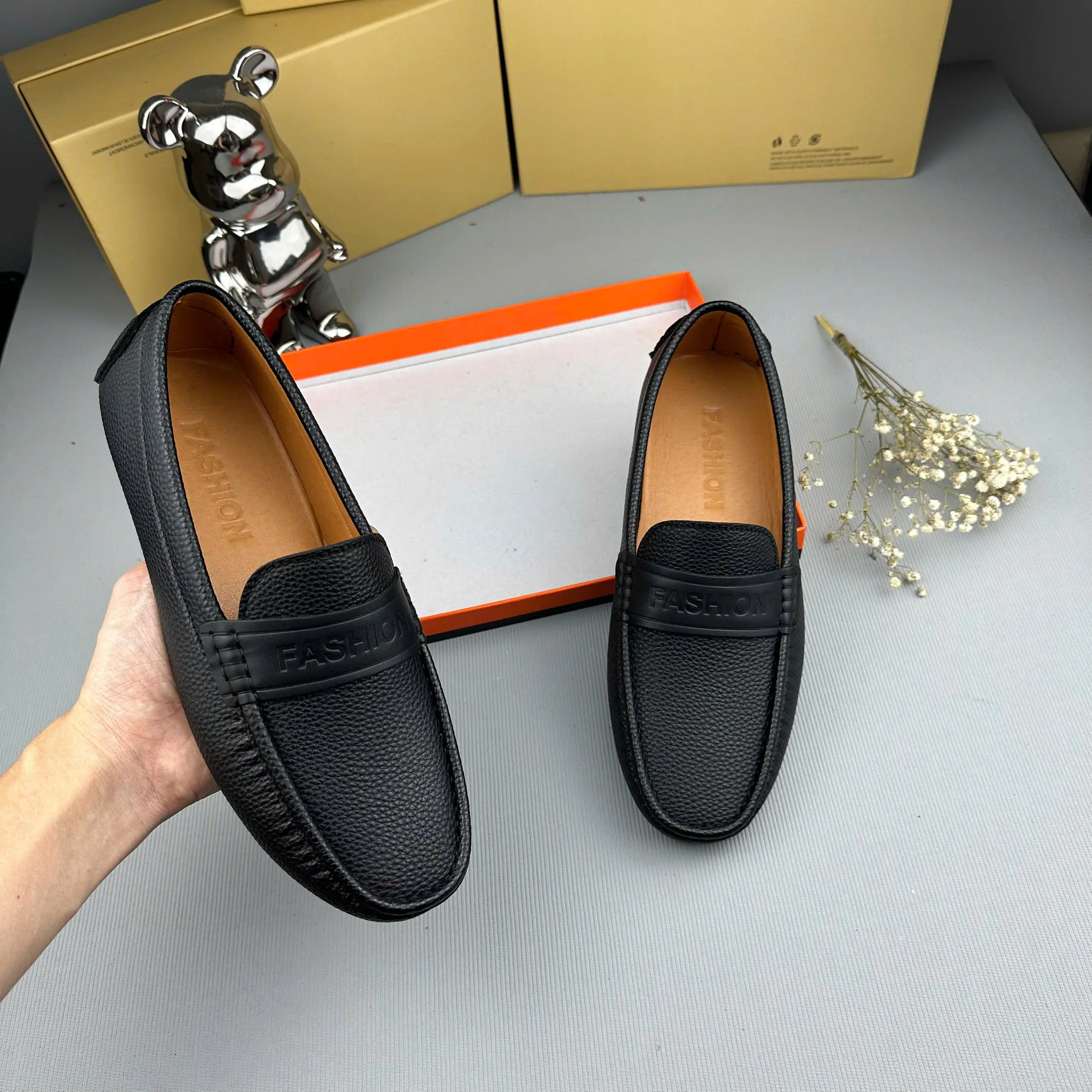 Giày lười nam màu đen nâu  Basic mũi vuông da xít Fashion - đế cao su có khâu âm chắc chắn size 38-43