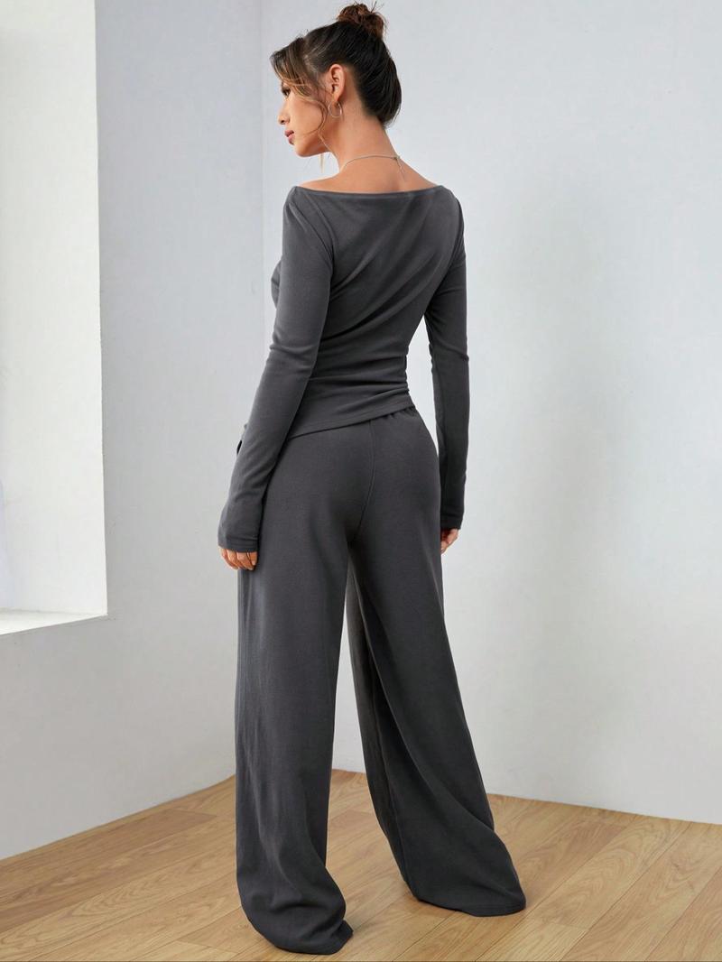 Product Introduction of Women's Solid Ruched Asymmetrical Tee & Elastic Waist Pocket Pants Two-piece Set, Casual Long Sleeve Boat Neck Top & Wide Leg Trousers for Spring & Fall, Tall Clothing Women, Gen Z Corporate Outfit, Winter Outfits, Rave 2 Piece Set,  Curve Fashion 18
