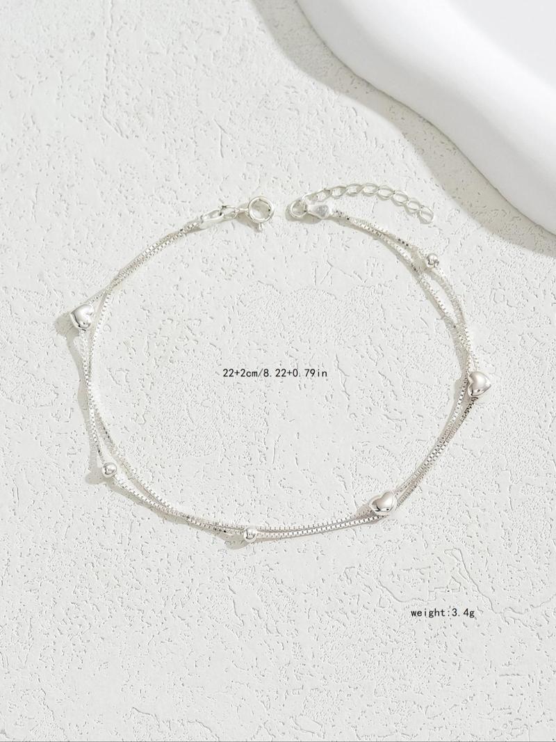 Product Introduction of 925 Sterling Silver Double Layer Heart Decor Adjustable Strap Anklet for Women, Fashion Jewelry for Party, Daily Clothing Decor, Trendy All-match & Exquisite Jewelry for Birthday Gift 1