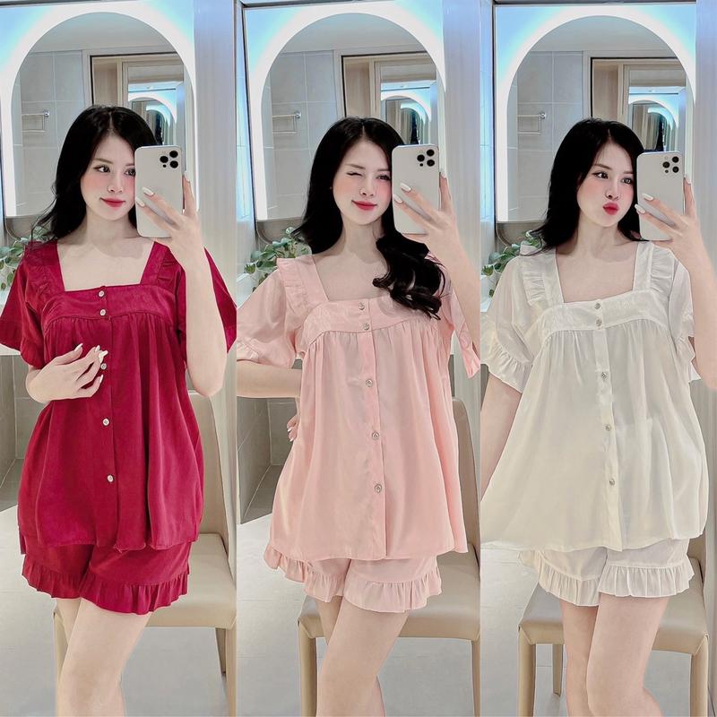 Bộ pijama JUSOKA lụa gấm xước áo cộc quần đùi mặc nhà tiểu thư dáng baby doll dễ thương CC108