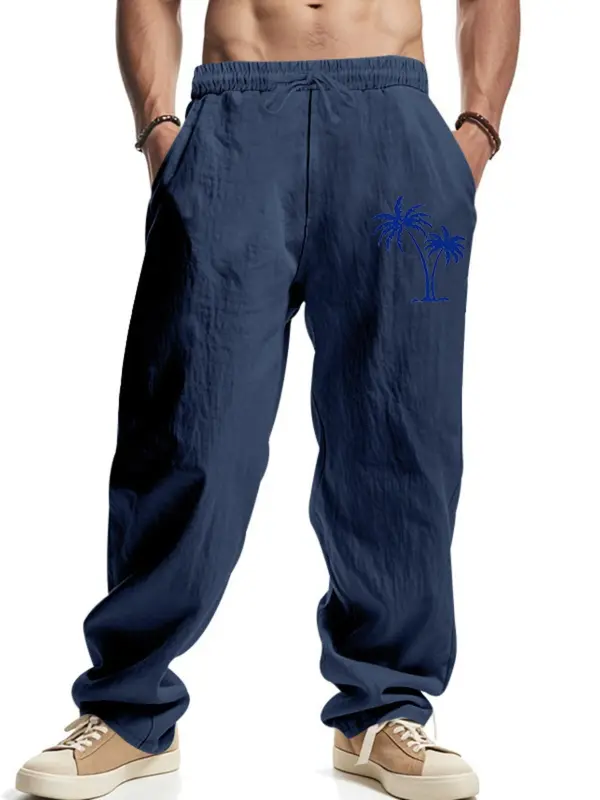 Men's Coconut Tree Print Linen Pants, Regular Fit Casual Comfy Breathable Wide Leg Trousers for Beach Vacation Holiday, Men's Bottoms for Summer, Menswear 4
