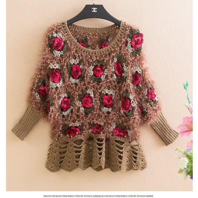 Áo Len Dệt Kim Đan, Tay Áo 3 / 4, Bộ Sưu Tập Mùa Xuân Và Mùa Thu, Hàng Mới Về, Cạp Cao, Jacquard Thời Trang, Cổ Tròn, Kiểu Ngắn, Dáng Rộng Vừa Vặn, Áo Tay Cánh Dơi, Dành Cho Nữ 5
