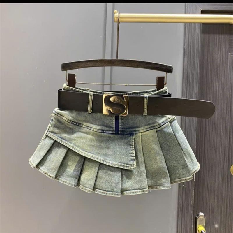 Chân váy bò xòe SARAMIA váy jean ngắn phối cạp dáng chữ A màu xanh màu đen A27