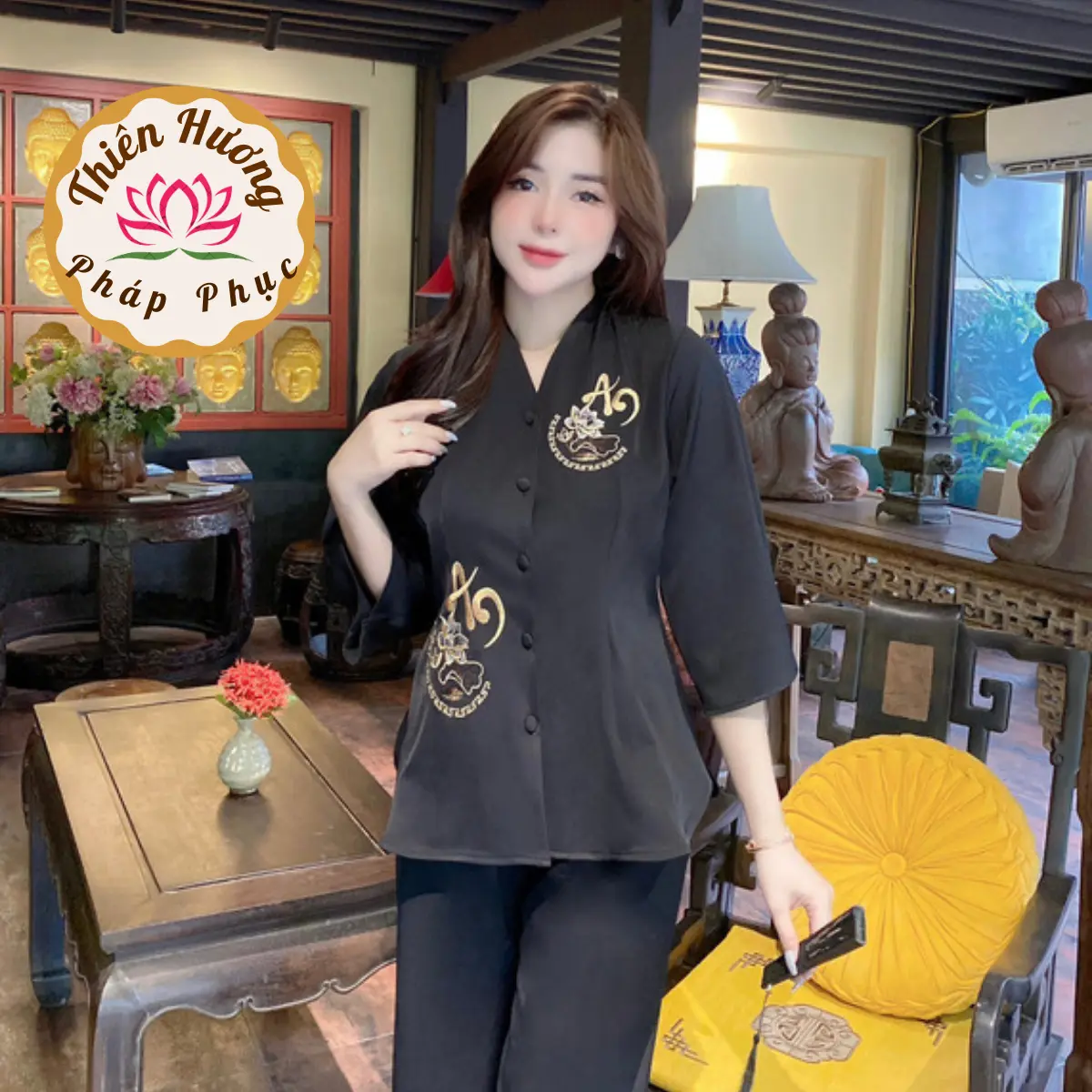 Đồ lam đi chùa cổ v thêu chữ an lụa trượt mềm mịn Pháp phục cách tân đi lễ tay lỡ Đồ bộ lễ chùa thanh lịch Nữ Áo