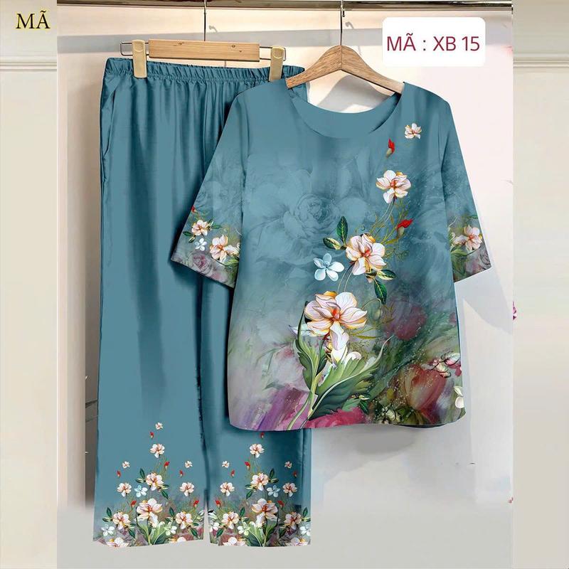 Đồ bộ lụa cổ tròn in hoa trung niên áo kiểu nữ,set đồ nữ đẹp tay lỡ quần dài dành cho mẹ và bà bộ ngủ nữ mặc nhà áo kiểu nữ đang hot 2025