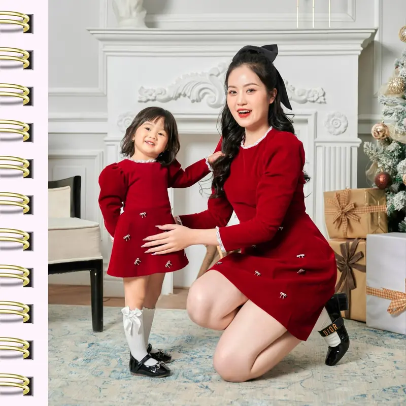 [Đầm Dự Tiệc] Set Váy Đôi Mẹ Và Bé Thiết Kế JENNA DRESS Đính Nơ Váy Nhung Bé Gái 1,2,3,4,5 Tuổi MOGIHOUSE 6