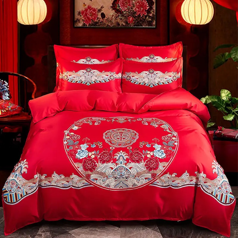 Bộ Bốn Món Đám Cưới, Màu Đỏ Tươi, Ga Trải Giường Dày, Vỏ Chăn, Vỏ Chăn Đôi, Bộ Đồ Giường, Hàng Mới Về, Thích Hợp Làm Quà Cưới 2