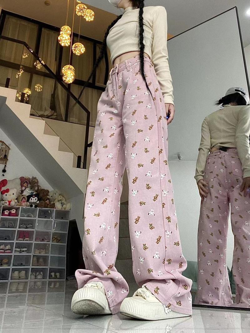 Product Introduction of Quần Jean Ống Đứng, Thiết Kế Màu Hồng, In Hình Gấu, Dành Cho Nữ, Trang Phục Mùa Thu, Cạp Cao Nhỏ Dáng Rộng Rãi Và Bó Sát, Quần Ống Rộng, Thời Trang Women Ong Pants Lưng Cao 9