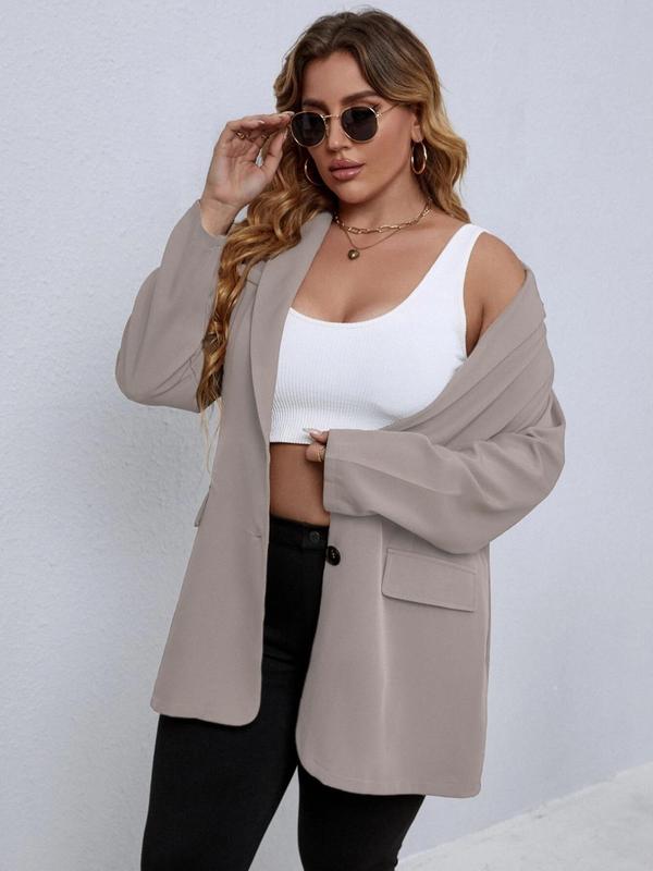 Plus Size Women's Solid Color Pocket Button Front Blazer, Plus Casual Long Sleeve Lapel Neckline Blazer for Spring & Fall, Coats for Women, Women's Plus Clothes for Daily Wear 8