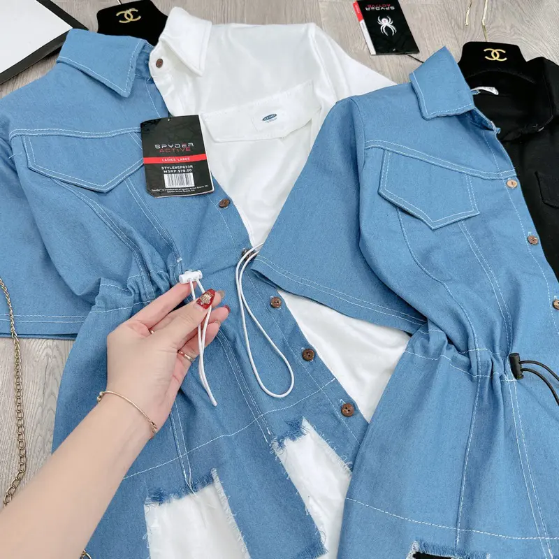 Váy sơ mi phối bò rách rút eo siêu hot, váy sơ mi giả jean 2 màu đen và trắng 5
