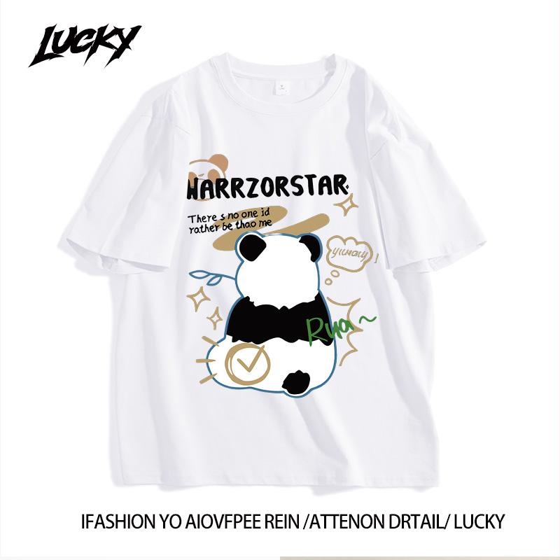 Product Introduction of Personal panda print short -sleeved T -shirt female loose sweet wind round neck top 3