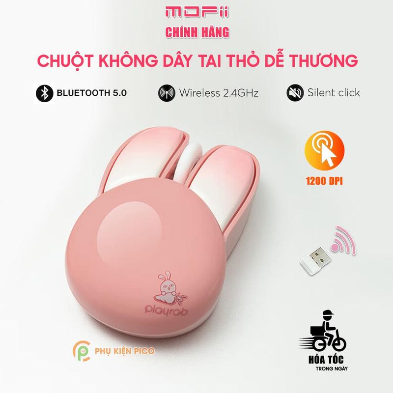Chuột tai thỏ hồng - Chuột không dây máy tính màu hồng dễ thương cute hình thỏ wireless 2.4G không tiếng ồn Playrab