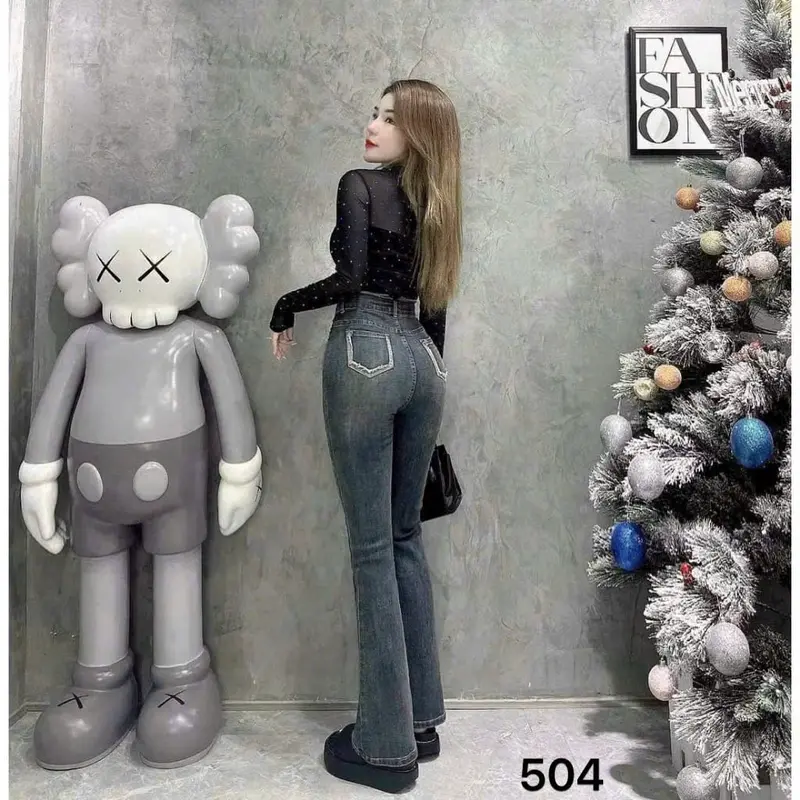 TCSHOPJEAN Quần Ống Loe Đậm Rêu Lưng Tua Túi Kiểu Sau Bigsize 55kg-90kg Lưng cao Co Giãn Dài 100cm Mã 504 Nữ Women 2