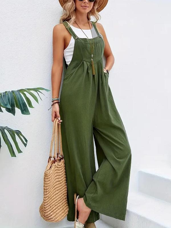 Women's Plain Plicated Button Wide Leg Overall Jumpsuit without Tank Top, Casual Square Neck Sleeveless Pocket Overall Jumpsuit for Summer, Jumpsuit for Women, Playsuit for Women, Summer Outfits 2024 1