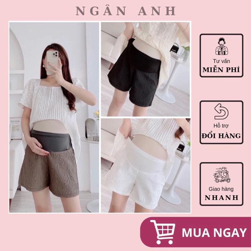 [Ngân Anh] Quần sooc bầu chất đũi xốp nổi hình HOA PHỒNG siêu xinh, quần đùi có chun chỉnh tiện lợi cho Mom