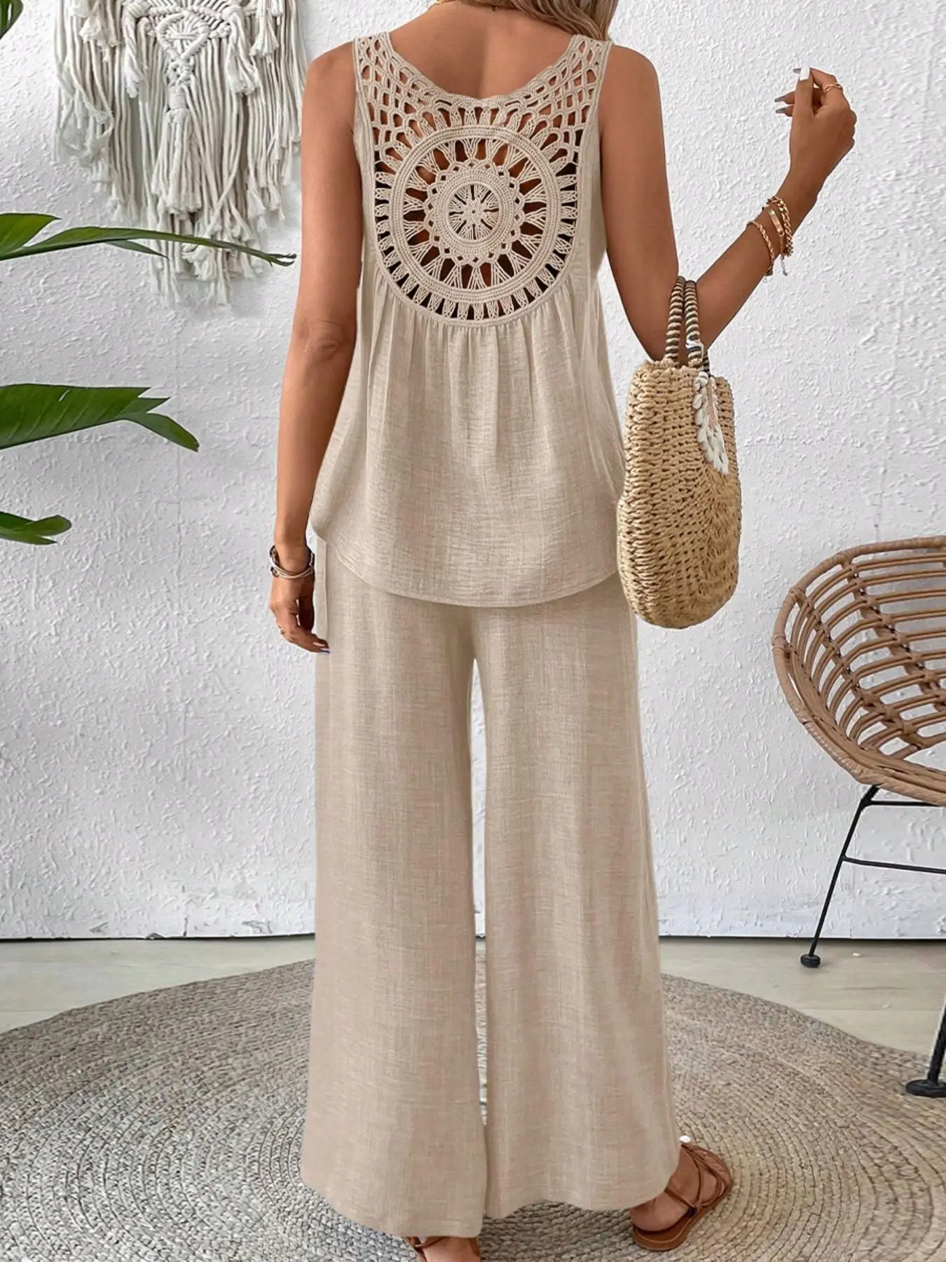 Women's Solid Color Hollow Out Tank Top & Wide Leg Pants Two-piece Set, Casual Sleeveless Top & Pants for Spring & Fall, Women's Clothes for Daily Wear