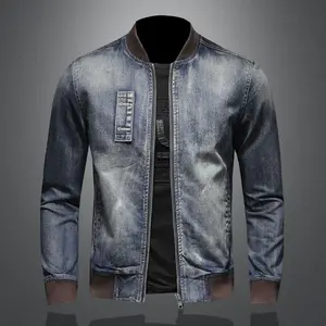 MAMIMA-jaket jeans pria model boomber bahan denim kerah rip polosan resleting santai atasan cowok