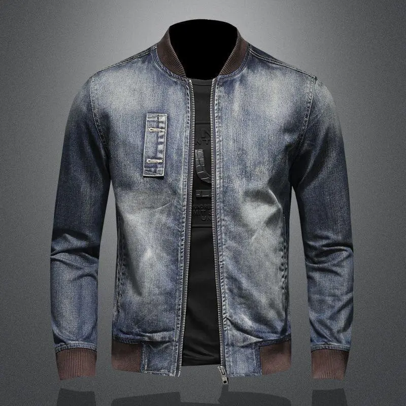 MAMIMA-jaket jeans pria model boomber bahan denim kerah rip polosan resleting santai atasan cowok