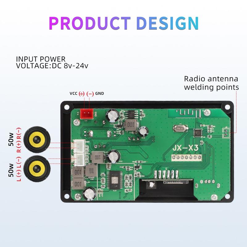 Product Introduction of Car Bluetooth 5.0 12V 2*80W MP3 player USB FM microphone handsfree control decoding board 25