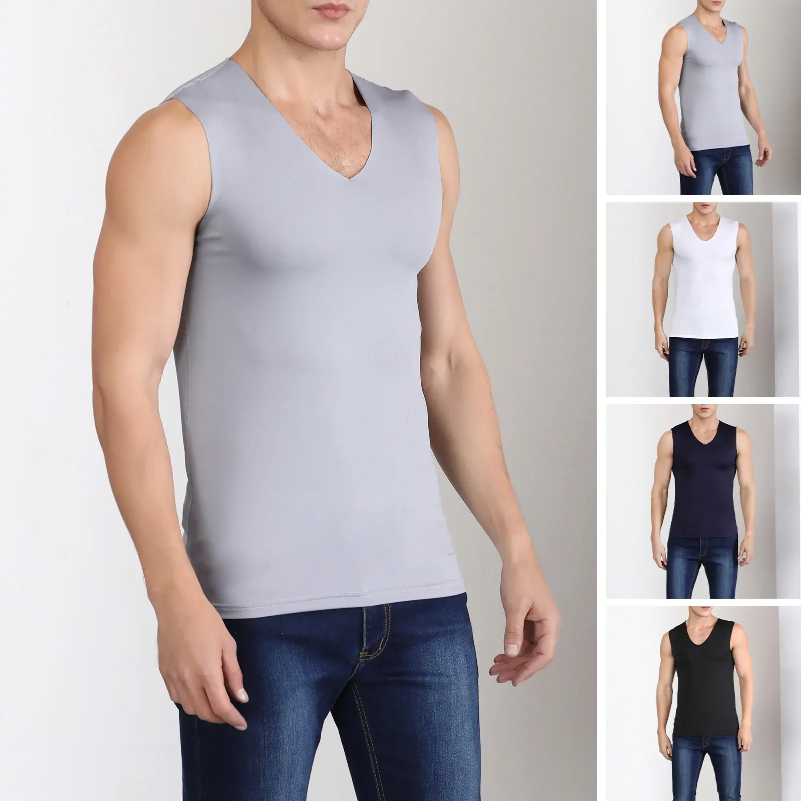 Men Summer Fitness Vest Solid Color Seamless Plus Size V Neck Sleeveless Stretchy Soft Breathable Quick-drying Pullover Casual Men Gym Sport Tank Top
