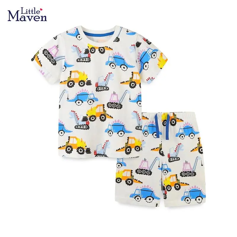 Little Maven 2023 Summer New Children's Clothes Cartoon Excavator Short Sleeves Tops Pants Set Boys Cotton Kids 2 7 Years