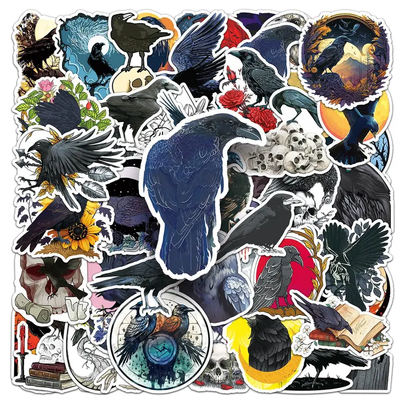Crow Pattern Car Sticker, 50pcs/set Waterproof Self Adhesive Decor Paper, Decor Sticker for Gift Greeting Card Water Bottle Laptop Phone Case 6