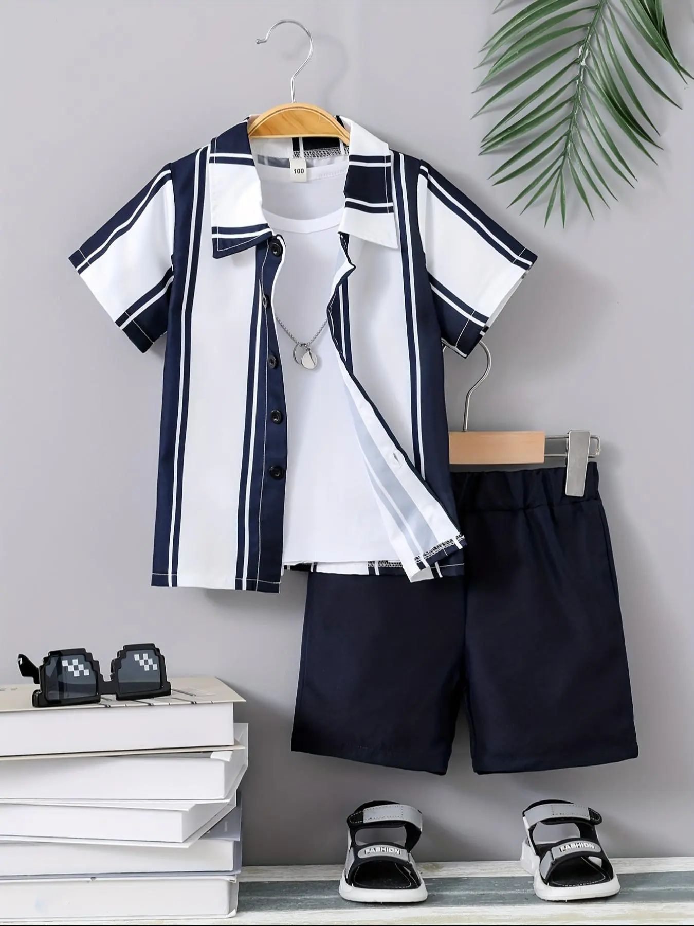 Two-piece Set Boy's Striped Print Short Sleeve Shirt & Shorts Set, Casual Summer Outfits Clothes for Kids, Kids Clothing for Daily Wear