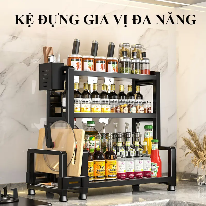 Kệ đựng gia vị HOMELOVE Kệ để gia vị đa năng nhiều tầng kèm ống đũa giá gác thớt có khay hứng nước kèm móc treo Kitchen