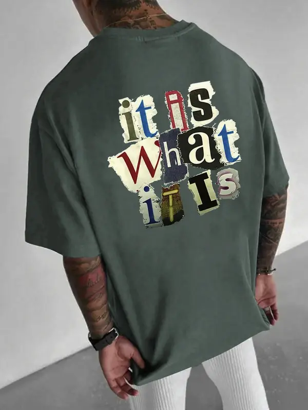 Men's Letter Print Round Neck Tee, Regular Fit Casual Drop Shoulder Short Sleeve T-shirt for Summer,  Graphic Tees, Men's Summer Clothes for Daily Wear 6
