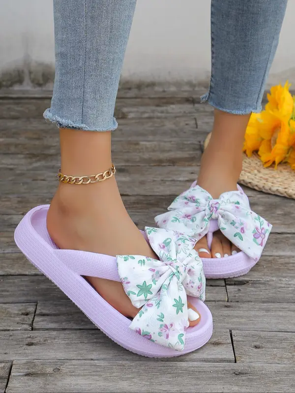 Women's Bowknot Design Flip Flops, Cute Casual Comfortable Home Slippers, Non-slip Slippers for Summer Indoor & Outdoor Wear, Girl 1