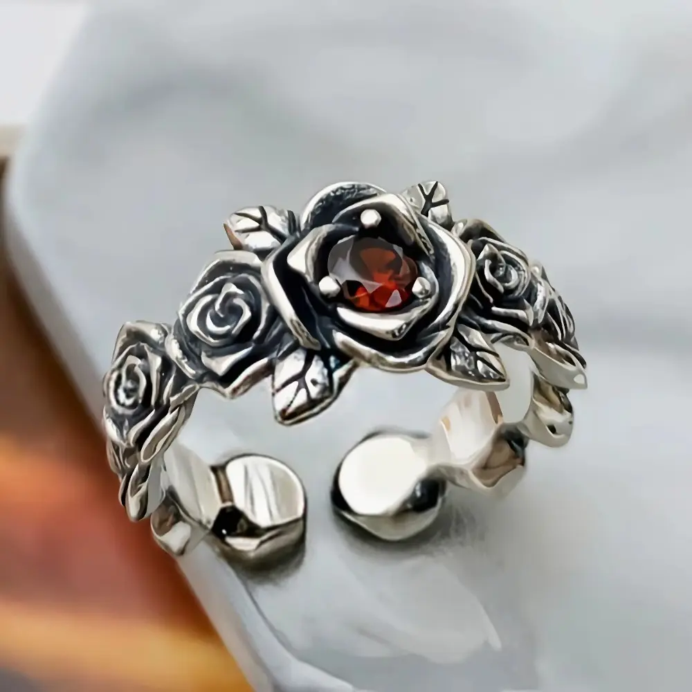 Nhẫn Pha Lê, Phong Cách Bohemian Cổ Điển Thiết Kế Hoa, Màu Đỏ, Dành Cho Nữ, Lộng Lẫy Và Quyến Rũ, Nhẫn Màu Bạc Thích Hợp Cho Đám Cưới, Đính Hôn Và Quà Tặng Giáng Sinh