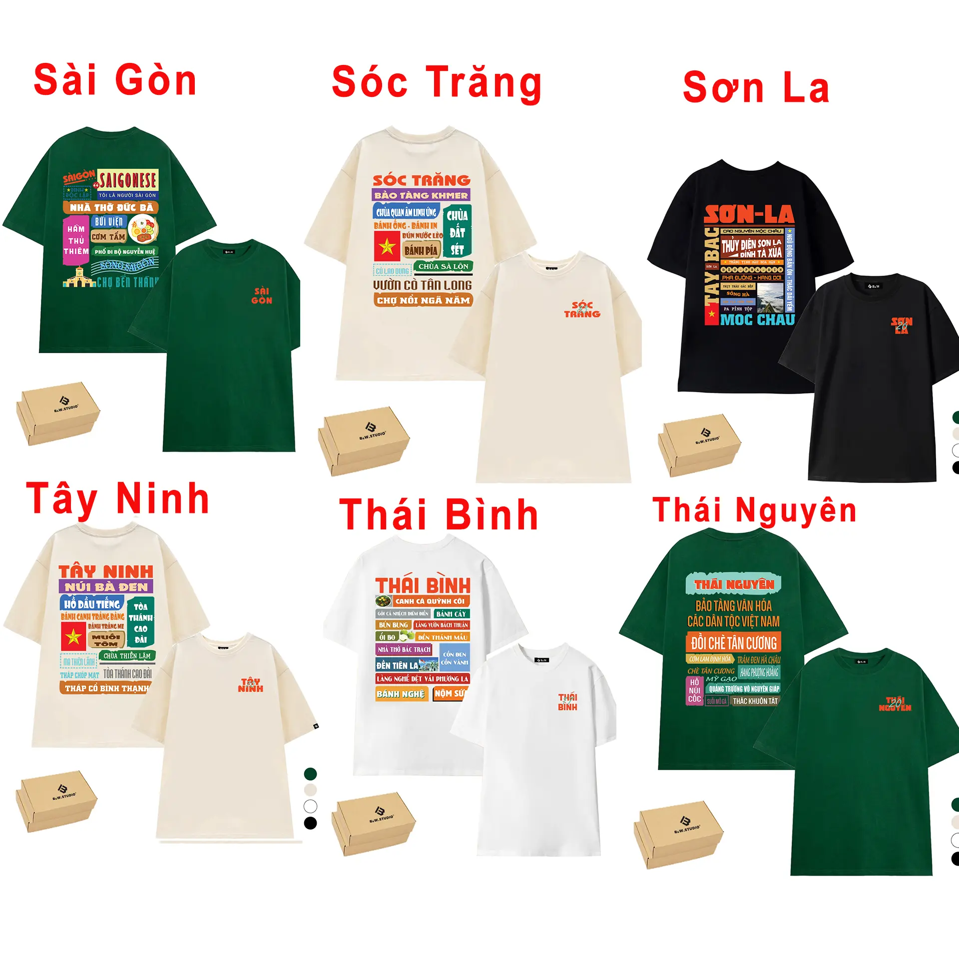 Áo 63 Tỉnh Thành Việt Nam: Sài Gòn, Sóc Trăng, Sơn La, Tây Ninh, Thái Bình, Thái Nguyên, Áo Thun B&W Studio, Chất Liệu Cotton, Dày Dặn, Form Rộng Unisex M-2XL