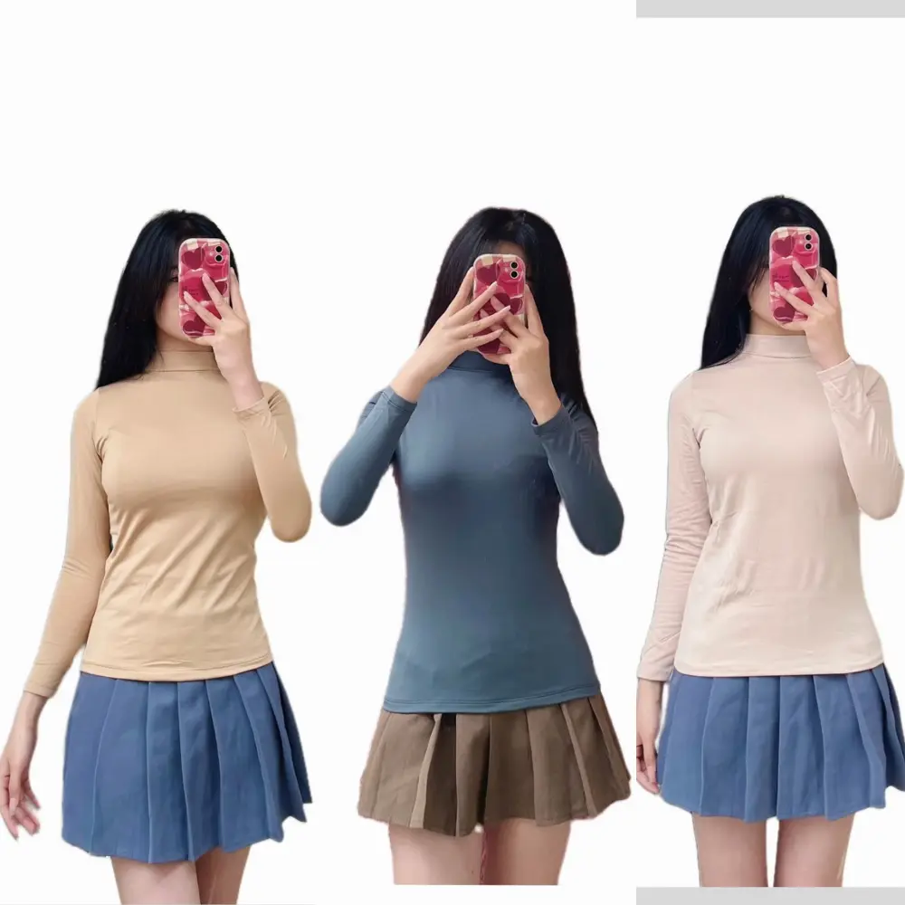 [38-62kg] Áo giữ nhiệt nữ Áo thun giữ nhiệt lót nỉ cổ 3 phân lót nỉ, áo thun lạnh body dài tay nhiều màu
