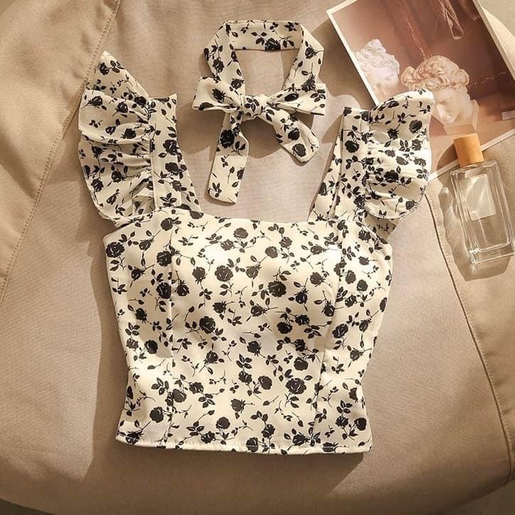 Áo kiểu hoa 34AK012 áo croptop bigsize cổ vuông tay cánh tiên với họa tiết hoa trẻ trung thời trang