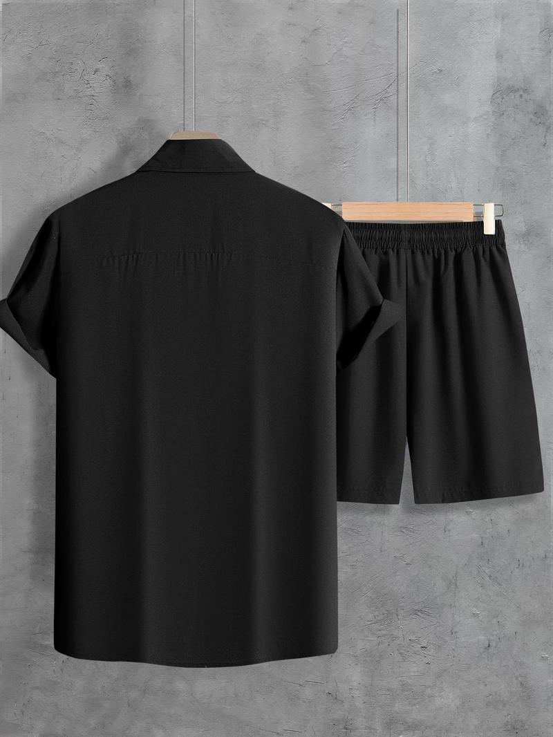 Product Introduction of 2 Counts Men's Plain Co-ord Set, Regular Fit Basic Button Front Shirt & Drawstring Shorts, Summer Outfits for Men 15