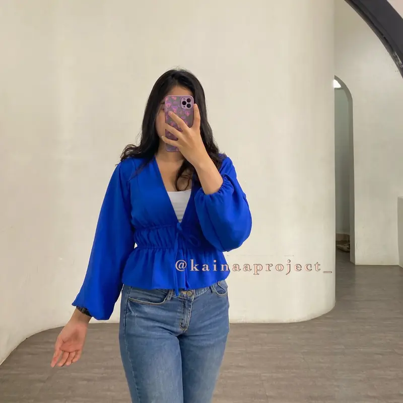 Alena Blouse Airflow Hijab Friendly Korean Blouse Baju Biru 3