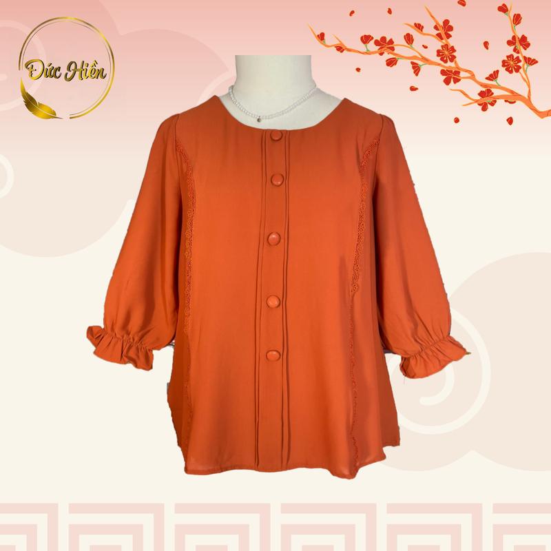 ÁO NỮ TRUNG NIÊN LỤA TẦM Ý ĐÍNH NÚT SANG TRỌNG Top Sơ Mi Women Kem Đen Cotton Cổ tròn Thông thường 8