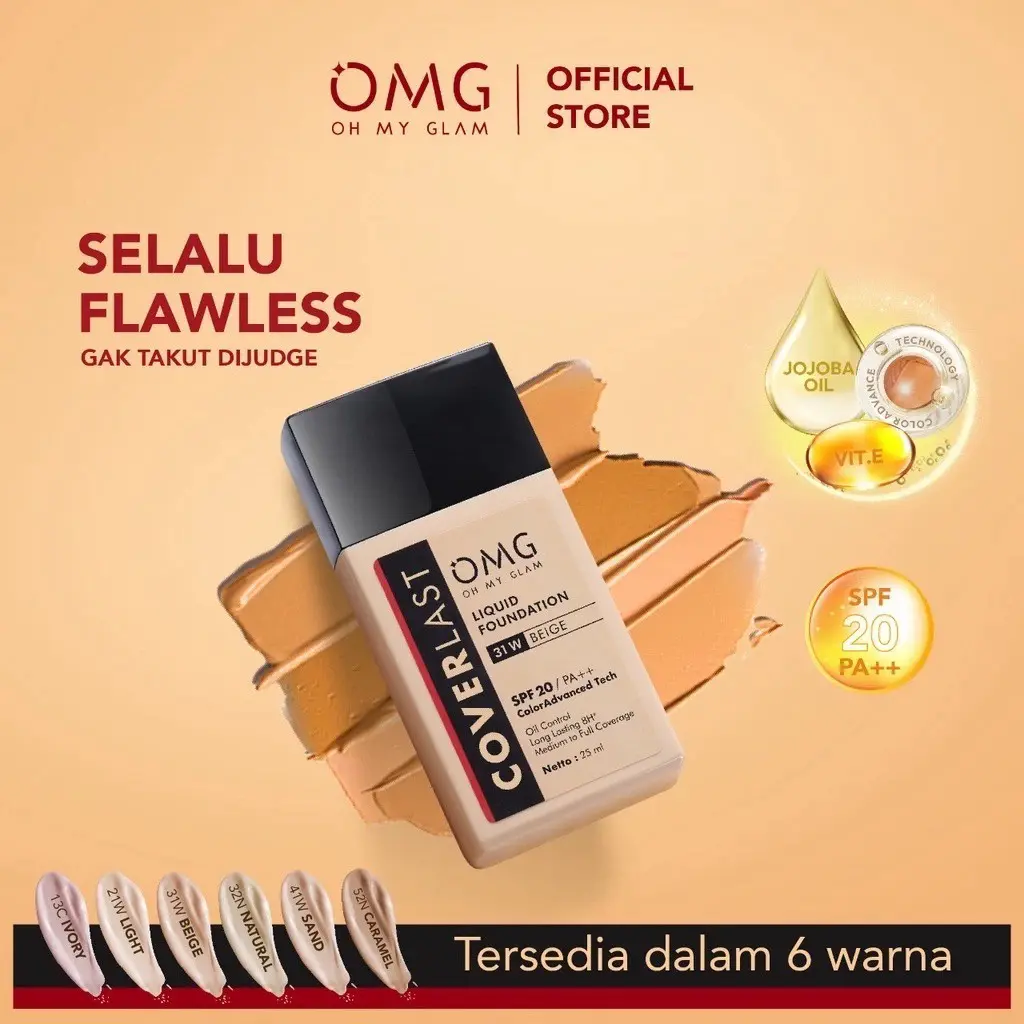 OMG Oh My Glam Coverlast Liquid Foundation Indonesia / SPF 20 PA++ Oil Control Long Lasting 8H Medium To Full Coverage / Alas Bedak / Make Up Cosmetic