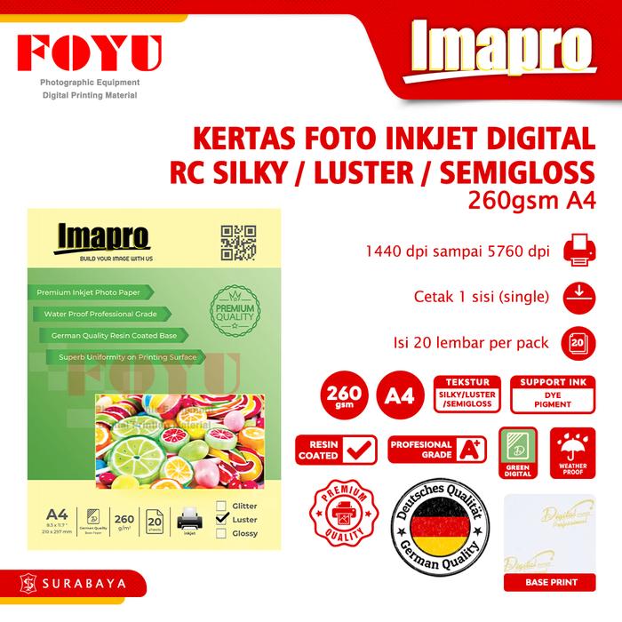Gambar Kertas Foto Photo Paper Inkjet Imapro Green Digital Water Proof Professional RC Silky Luster Semigloss 260gsm A4 Accessories Camera dari Foyu Photo Kota Administrasi Jakarta Selatan Tokopedia