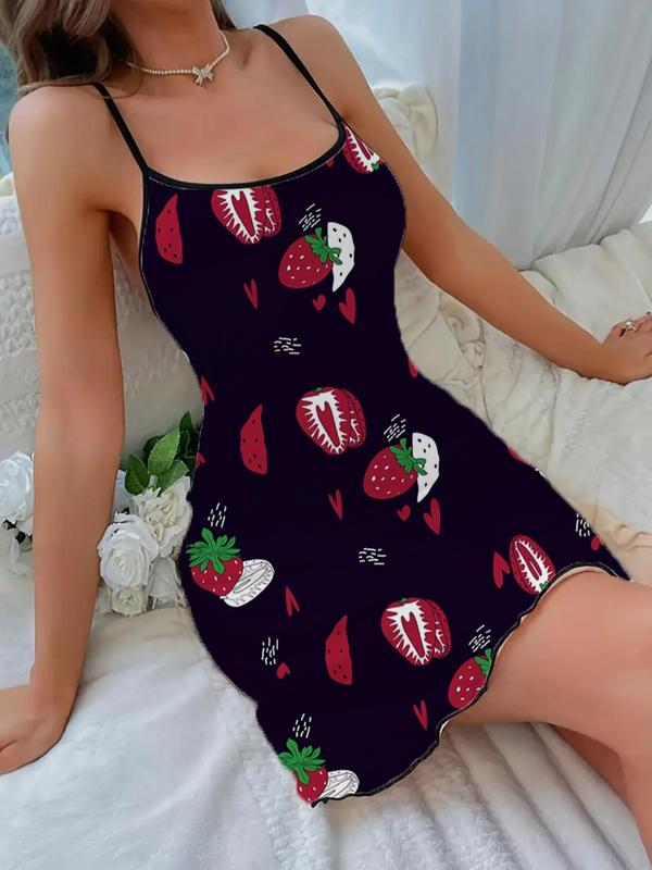 Women's Strawberry Print Lettuce Trim Cami Nightdress, Casual Soft Comfortable Spaghetti Strap Nightgown for All Seasons, Fashion Ladies' Sleepwear for Daily Wear 3